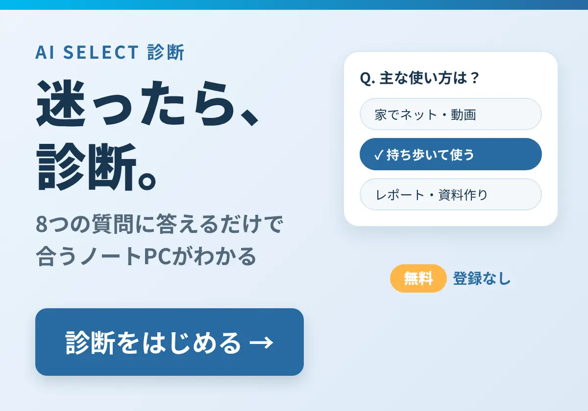 迷ったら、診断。8つの質問に答えるだけで合うノートPCがわかる。無料・登録なし。診断をはじめる